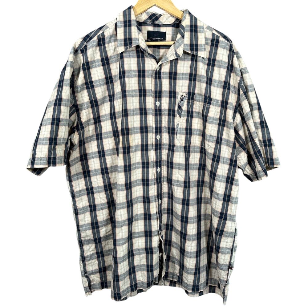 Phat Farm Button Down‎ Shirt Mens 2XL Blue Plaid Short Sleeve Embroidered Logo